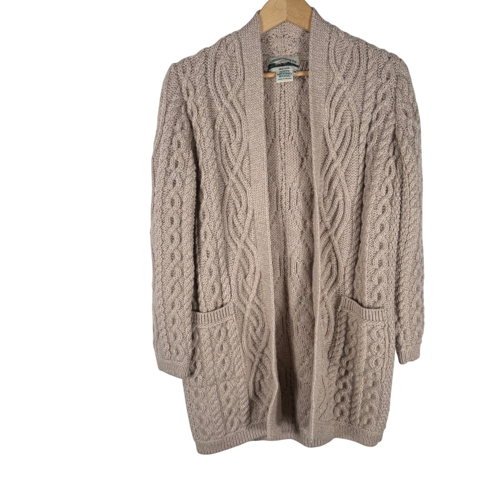 Aran Crafts Ireland Merino Wool Cable Knit Cardigan Womens M Oatmeal Beige